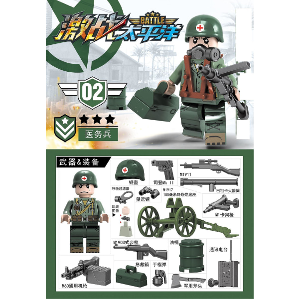 6pcs Fierce Battle Pacific Commander Small Particle Assembled Toy Military Building Block Minifigure