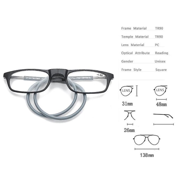 Reading Glasses High-grade Tr Magnetic Absorption Hanging Neck Funky Readers Glasses Black 3.25 Magnification