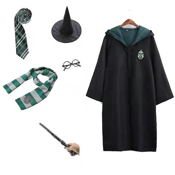 Harry Potter 6pc Set Magic Wizard Cosplay Fancy Dress Cape Cloak Costume Green 115CM