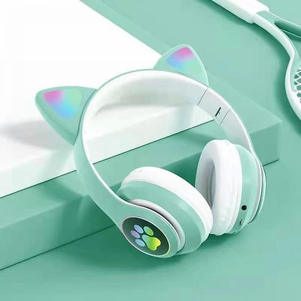 Wireless Bluetooth Headphones Cat Ear Headset With Led Light Green