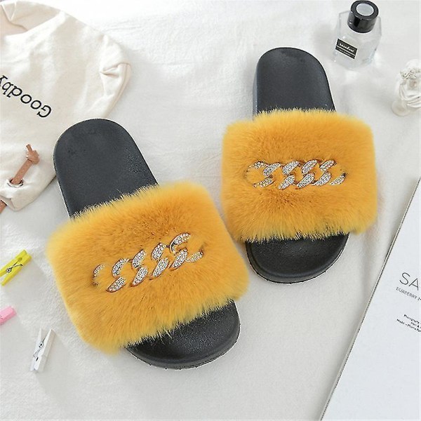 Women's Fluffy Faux Fur Slippers Comfy Open Toe Slides With Fle ORANGE 39