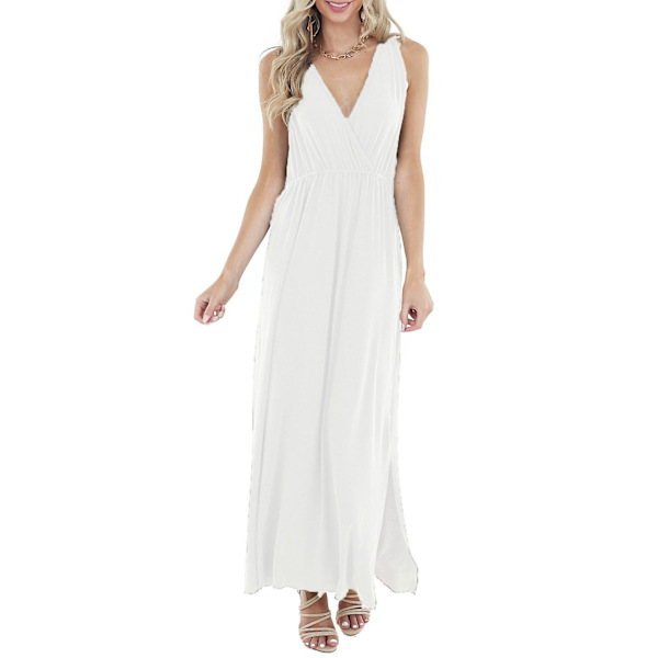 Ladies Sleeveless Deep V-neck Loose Solid Color Long Casual Backless Dress White M