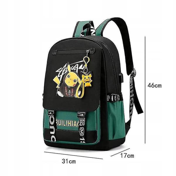 Pokemon Backpack With Usb Port Luminous Pattern Pikachu Backpack Green