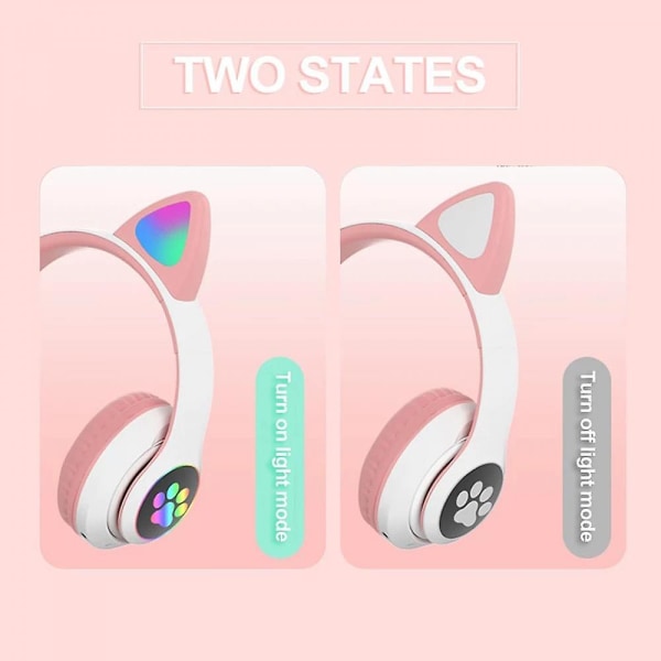 Wireless Bluetooth Headphones Cat Ear Headset With Led Light Pink