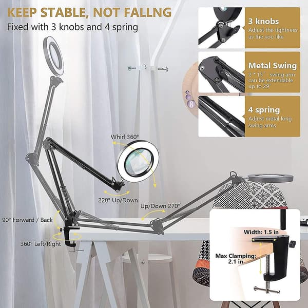 Led Magnifying Lamp With Clamp, 1,500 Lumens Stepless Dimmable, 3 Color Modes