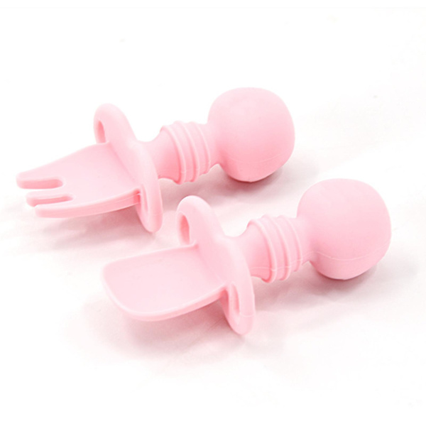 Silicone Spoon Fork Set Baby Self Feeding Utensils Practical Infant Training Pink