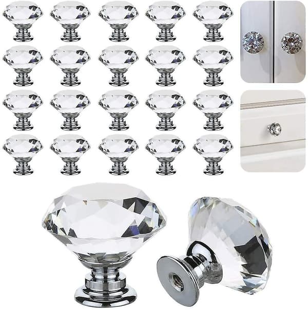 20pcs Crystal Cabinet Knobs 30mm Clear Glass Drawer Knobs Glass Diamond Cut Shape Cupboard Door Handles