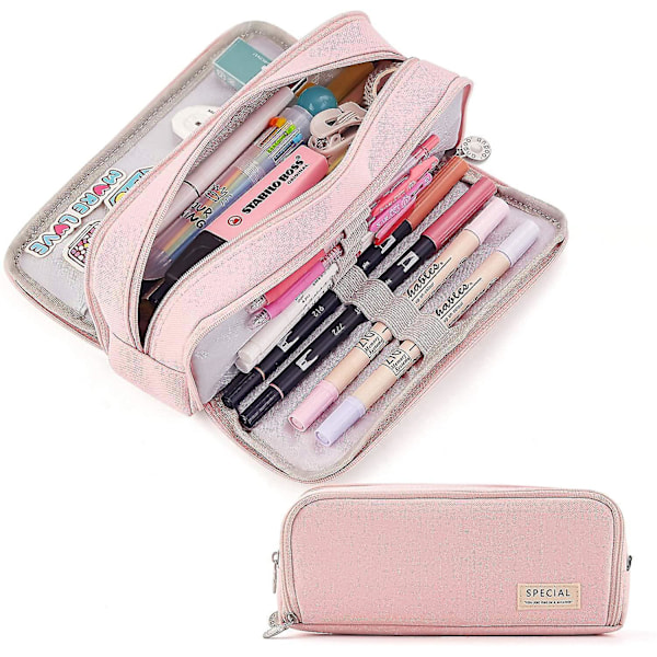 Large Pencil Case Big Capacity 3 Compartments Canvas Pencil Pouch For Students pink