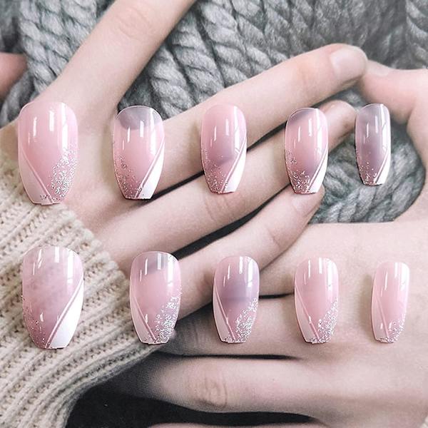 French Coffin Press On Nails For Women Glossycover False Nails Ballerina Nail Art Diy Acrylic Fake Nail Tips Stick On Nails 24pcs Pink Glitter