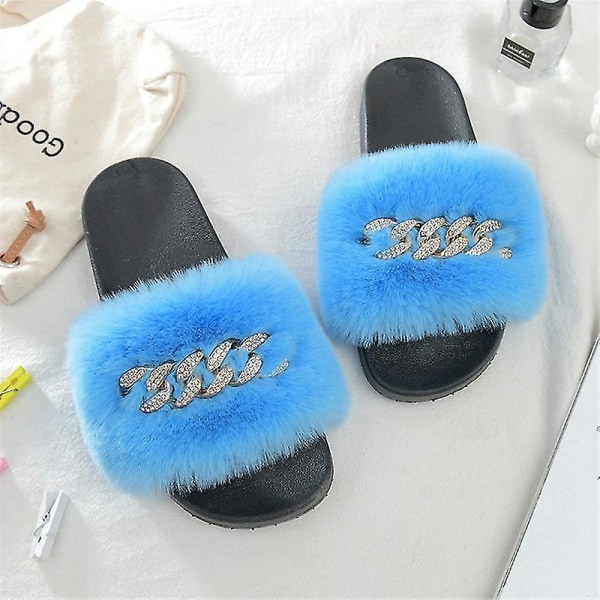 Women's Fluffy Faux Fur Slippers Comfy Open Toe Slides With Fle BLUE 41