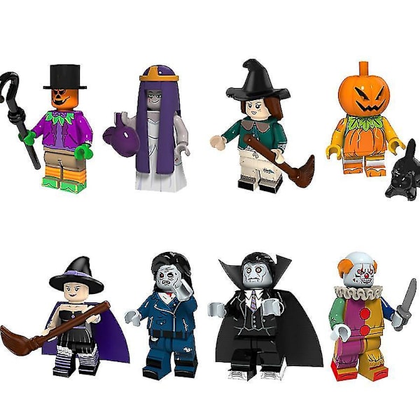 Yh 8pcs Halloween Pumpkin Man Witch Clown Vampire Children Assembled Building Block Minifigure Toy