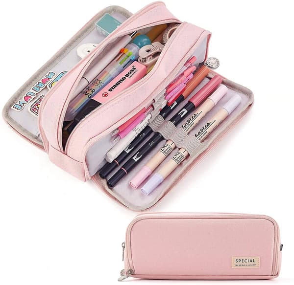 Large Pencil Case Big Capacity 3 Compartments Canvas Pencil Pouch For Students pink