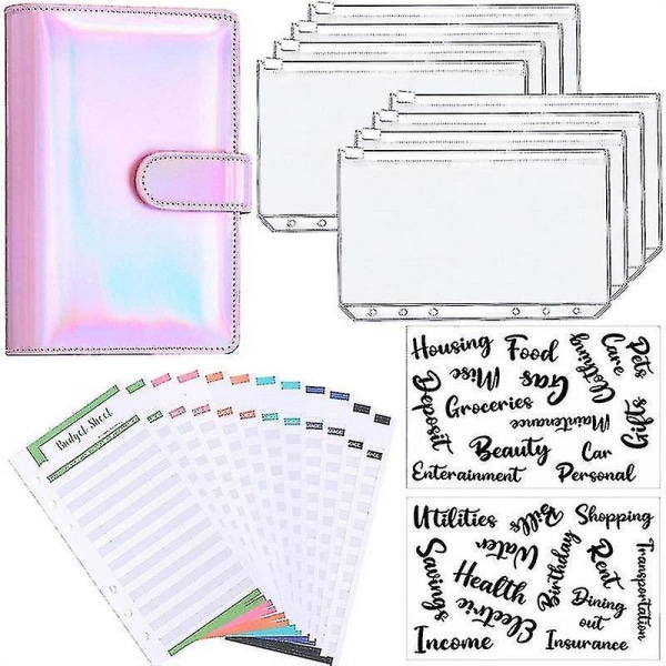 A6 Binder Budget Planner Notebook Covers Folder Size 6 Hole Pockets Plastic Zipper Money Saving Envelope Pink Laser