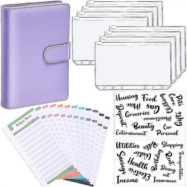 A6 Binder Budget Planner Notebook Covers Folder Size 6 Hole Pockets Plastic Zipper Money Saving Envelope Purple