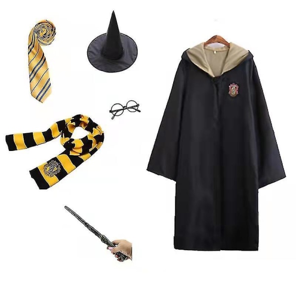 Harry Potter 6pc Set Magic Wizard Cosplay Fancy Dress Cape Cloak Costume Yellow 115CM