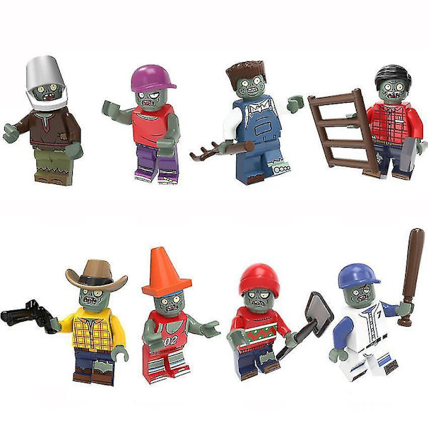 8pcs Plants Vs. Zombies Series Repairer Iron Bucket Farmer Zombie Assembled Building Block Miniature Toy