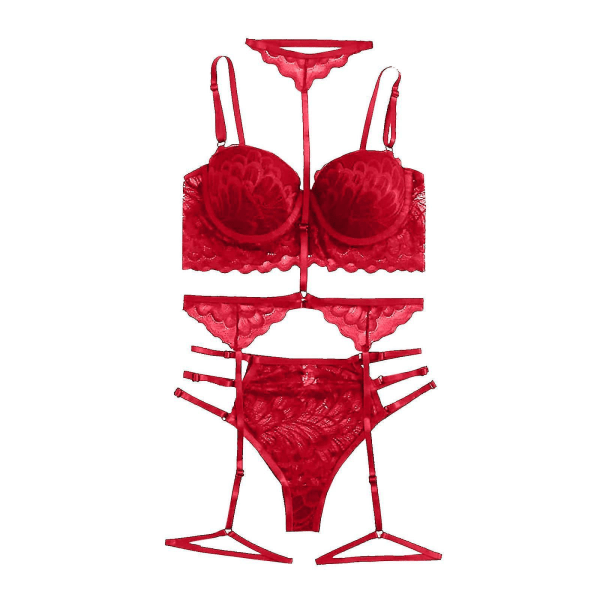 Women Sexy Solid Color Bralette Panty Strappy Lace Embroidery Lingerie Set Red XXL