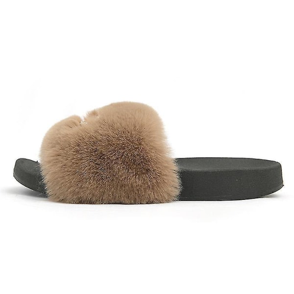 Women's Fluffy Faux Fur Slippers Comfy Open Toe Slides With Fle KHAKI 39