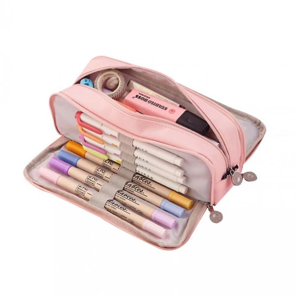 Large Pencil Case Big Capacity 3 Compartments Canvas Pencil Pouch For Students Pink