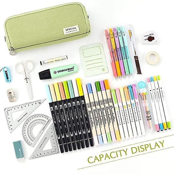 Large Pencil Case Big Capacity 3 Compartments Canvas Pencil Pouch For Students green