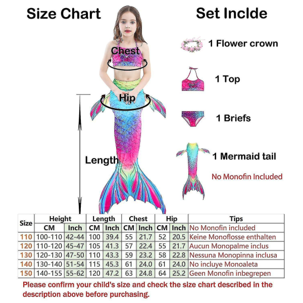 Kids Girls Mermaid Tail Bikini Set Swimwear Swimsuit Swimming Costume Included Garland Headband Color 11 12-13Years