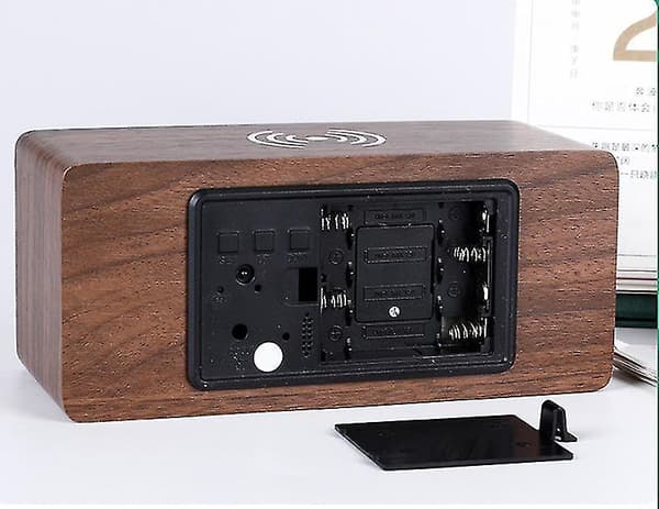 Wooden Digital Alarm Clock Wireless Charging With Date Temperature Humidity