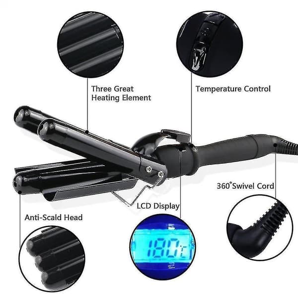 3 Barrel Curling Iron 25mm Curling Iron Curling Iron With Led Temperature Display Black