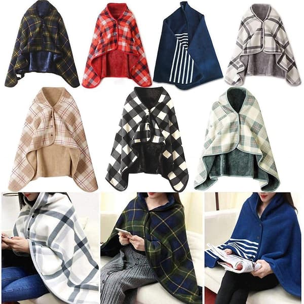 Wearable Plaid Blanket Fleece Doublelayer Blankets With Button Thicken Multifunction Winter Warm Throw Blanket For Sofa Bed F