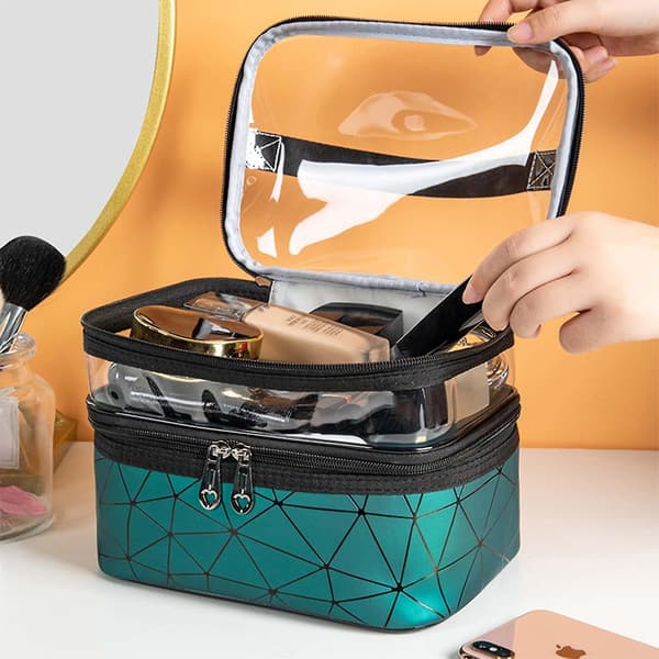 Large Cosmetic Case Makeup Bag Storage Box Handle Organizer green