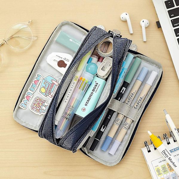 Large Pencil Case Big Capacity 3 Compartments Canvas Pencil Pouch For Students navy