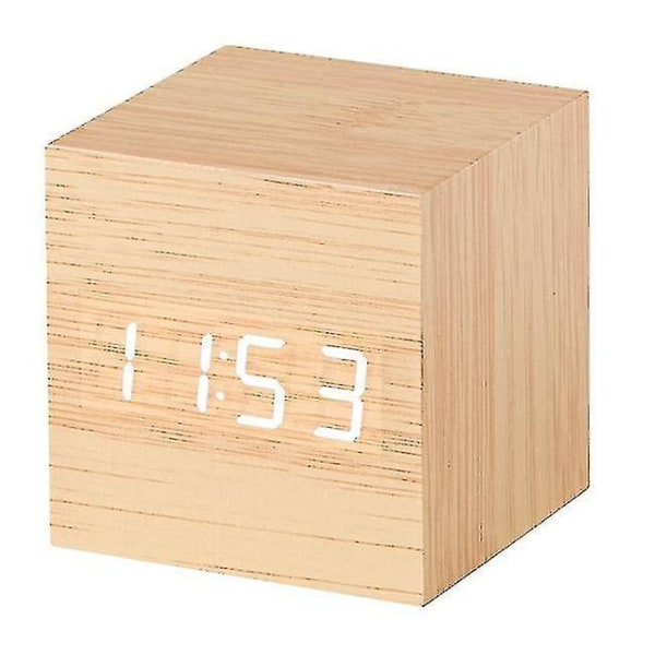 Gingko Cube Led Click Clock Alarm Clock With Sound Activation (time, Date & Temperature) Various Colours A10 Bamboo white