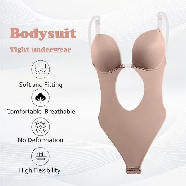 Women Plunging Deep V-neck Body Shaper Strapless Backless Bodysuit Shapewear Beige L