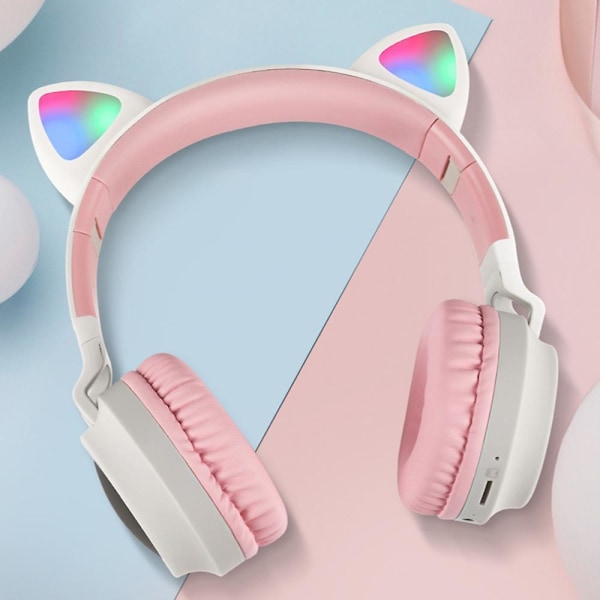Bt-028c Over-ear Headphone Cat Ear With Colorful Led Wireless Full Cover Headset Gray Pink