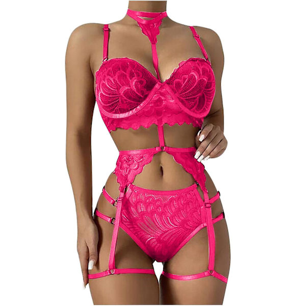 Women Sexy Solid Color Bralette Panty Strappy Lace Embroidery Lingerie Set Hot Pink XL