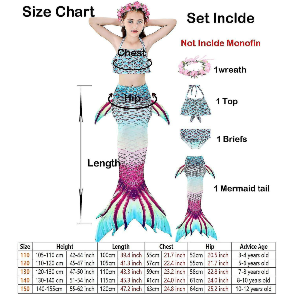 Kids Girls Mermaid Tail Bikini Set Swimwear Swimsuit Swimming Costume Included Garland Headband Color 4 12-13Years