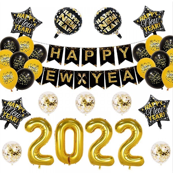 Godt Nytår Banner Til 2022 Nytårsfest Dekoration Sort Og Guld, Nytårs Glitter Papir Hængende Banner Til 2022 Nytårsaftensfest Dekoration