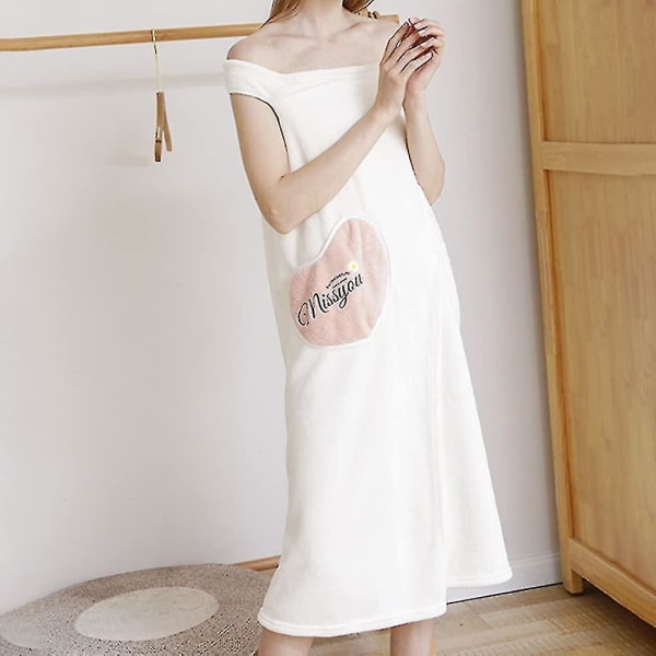 Women Wearable Bathrobe Quick Dry Microfiber Plush Towel Bath Skirt Shower Absorbent Wrap White L