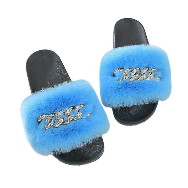 Women's Fluffy Faux Fur Slippers Comfy Open Toe Slides With Fle BLUE 43
