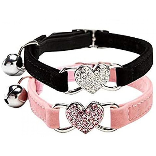 Pink Soft Velvet Safe Cat Adjustable Collar With Crystal Heart Charm And Bells 8-11 Inches(black+pink)