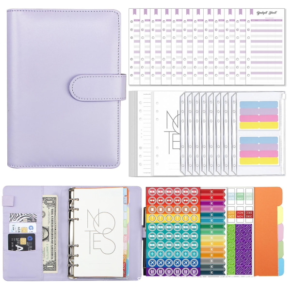 Averfeel Binder Budget A6 Pu Leather Notebook Planner Organizer With 12pcs Zipper Cash Envelopes, Budget Sheets, Stickers For Budgeting And Saving Mon Purple
