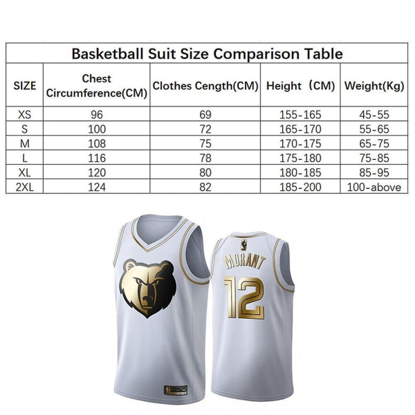 Ja Morant #12 Basketball Jersey Grizzlies 12 Platinum Edition Jersey Aldult Sport Uniform XL(180-185CM)