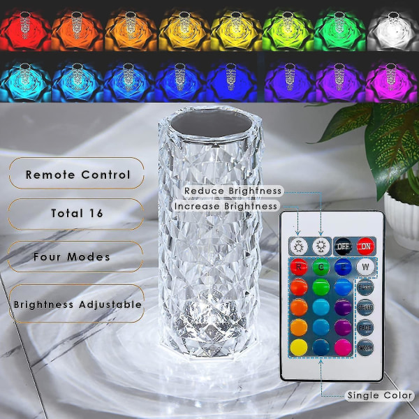 Crystal Diamond Table Lamp, 16 Colors Usb Charging Touch Lamp Bedside Night Light With Remote Control