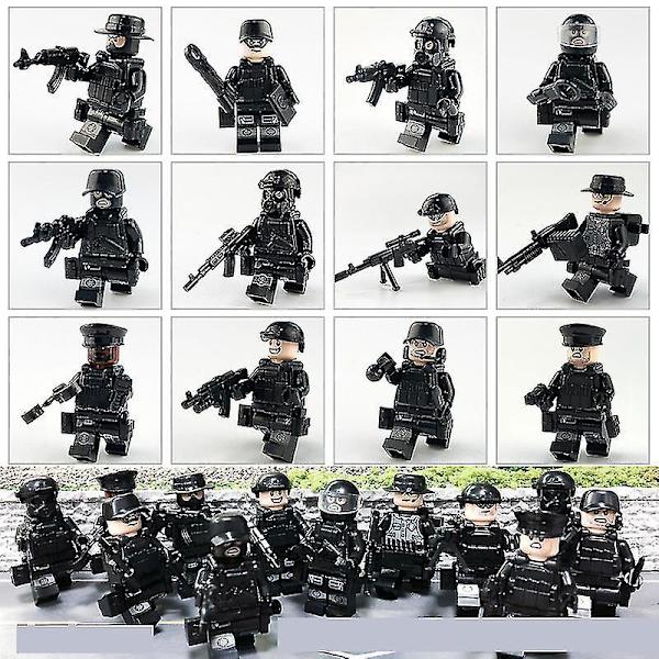 12 stk. Sort Swat Politi Minifigur Byggeklods Tilbehør Militær Legetøj