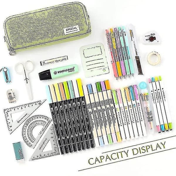 Large Pencil Case Big Capacity 3 Compartments Canvas Pencil Pouch For Students green