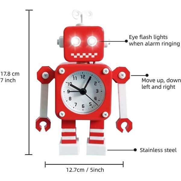 Robot Alarm Clock, Stainless Metal Silent Alarm Clock With Flashing Glowing Eyes