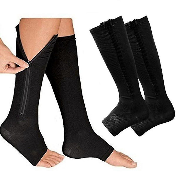Compression Socks Zipper Leg Calf Sleeves Toeless For Swelling Pain Relieve 2 Pair Black L
