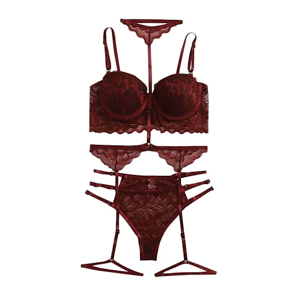 Women Sexy Solid Color Bralette Panty Strappy Lace Embroidery Lingerie Set Wine XL