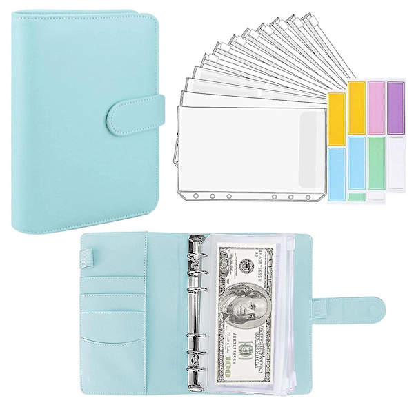 PU Læder Binder Budget Planner Kontant Kuvert Pung System Blue-b