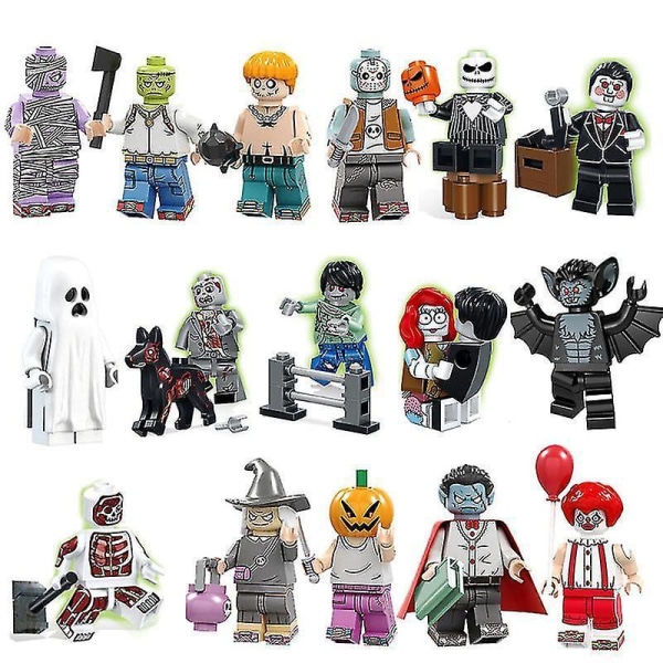 16 Halloween Zombie Dolls Vampire Batman Ghost Small Particle Assembled Building Block Toys