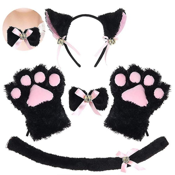 Cat Costume Cosplay Plush Headwear Clip Ear Bow Tie Tail Gloves Set